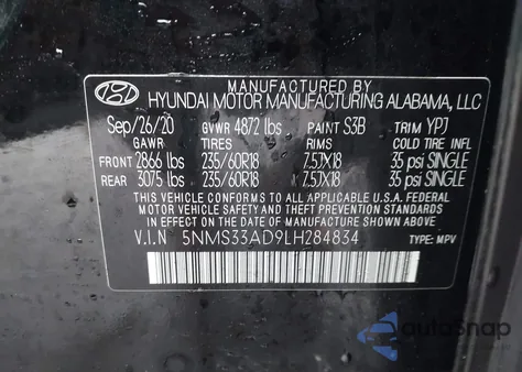 2020 Hyundai Santa Fe Sel из США, поврежденный, VIN 5NMS33AD9LH284834